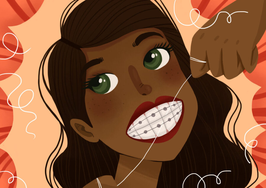 girl with braces flossing, how to take care of braces